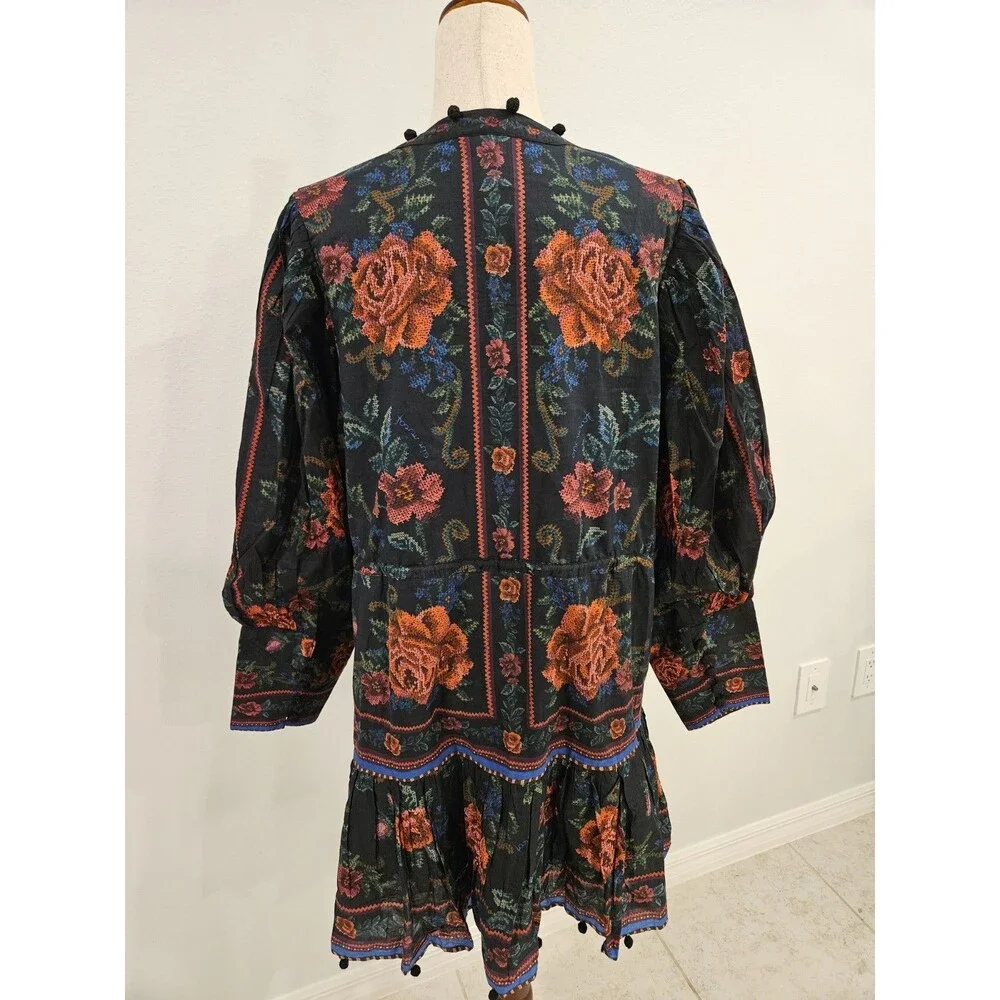 Farm Rio Black Floral Pom Pom Tie Dress Size L Boho Long SleeveFarm Rio Black... - Picture 2 of 6